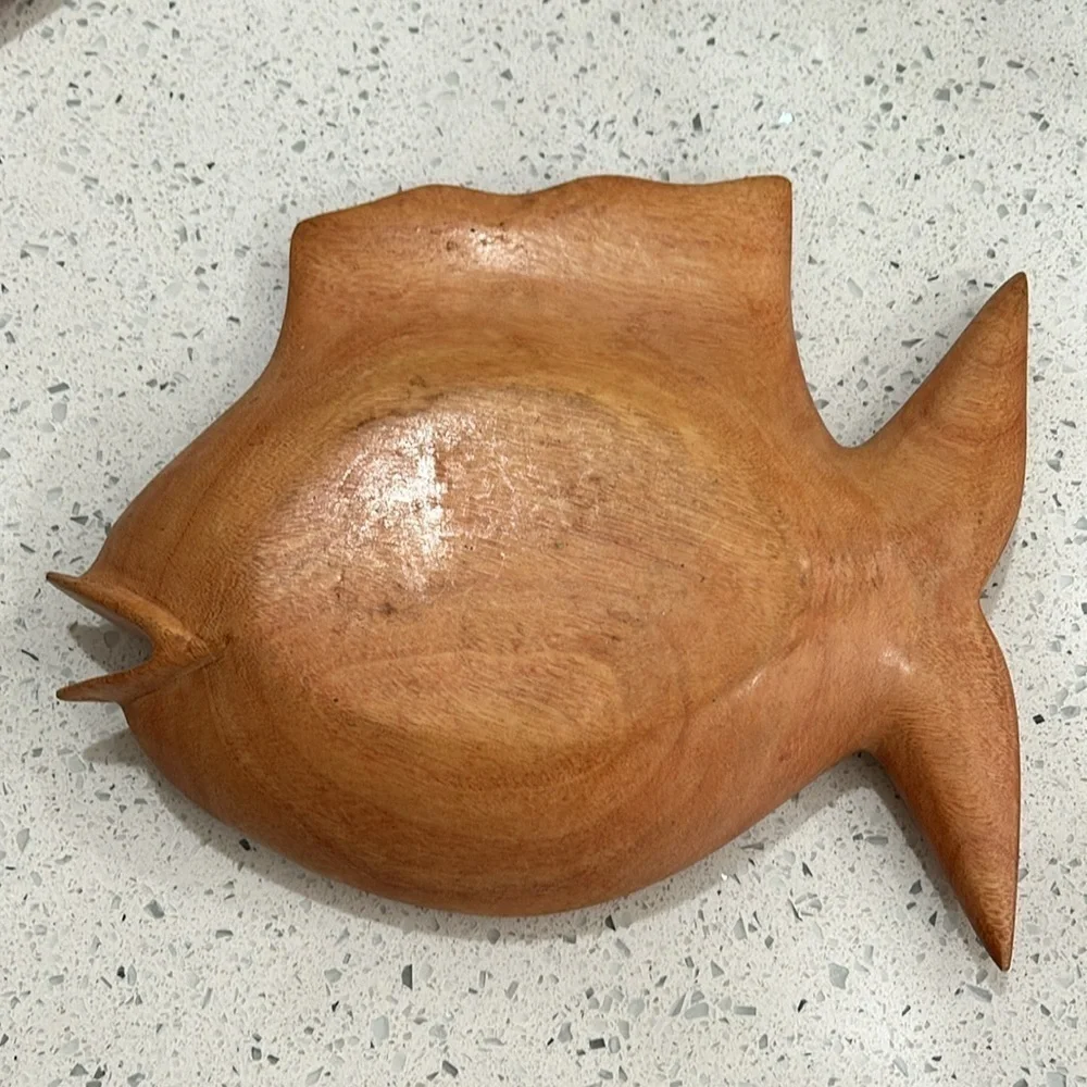 Vintage Mid Century Hand Carved Wooden Fish Bowl Trinket Serving Dish